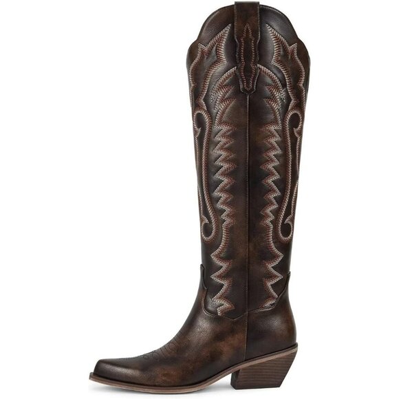 Women's Knee High Floral Embroidered Pointed Toe Chunky Heel Classic Cowboy Boot - Picture 2 of 6